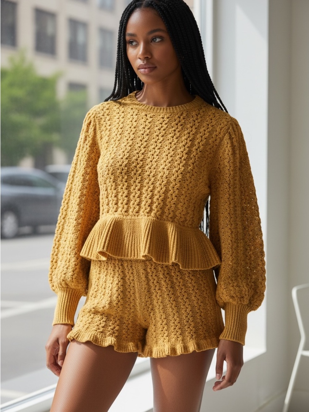 Zara Mustard Yellow Knit Peplum Sweater and Shorts Set NWT top Med Shorts Large